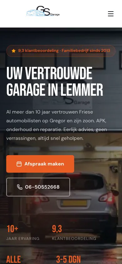 De website van GS Garage op een telefoon