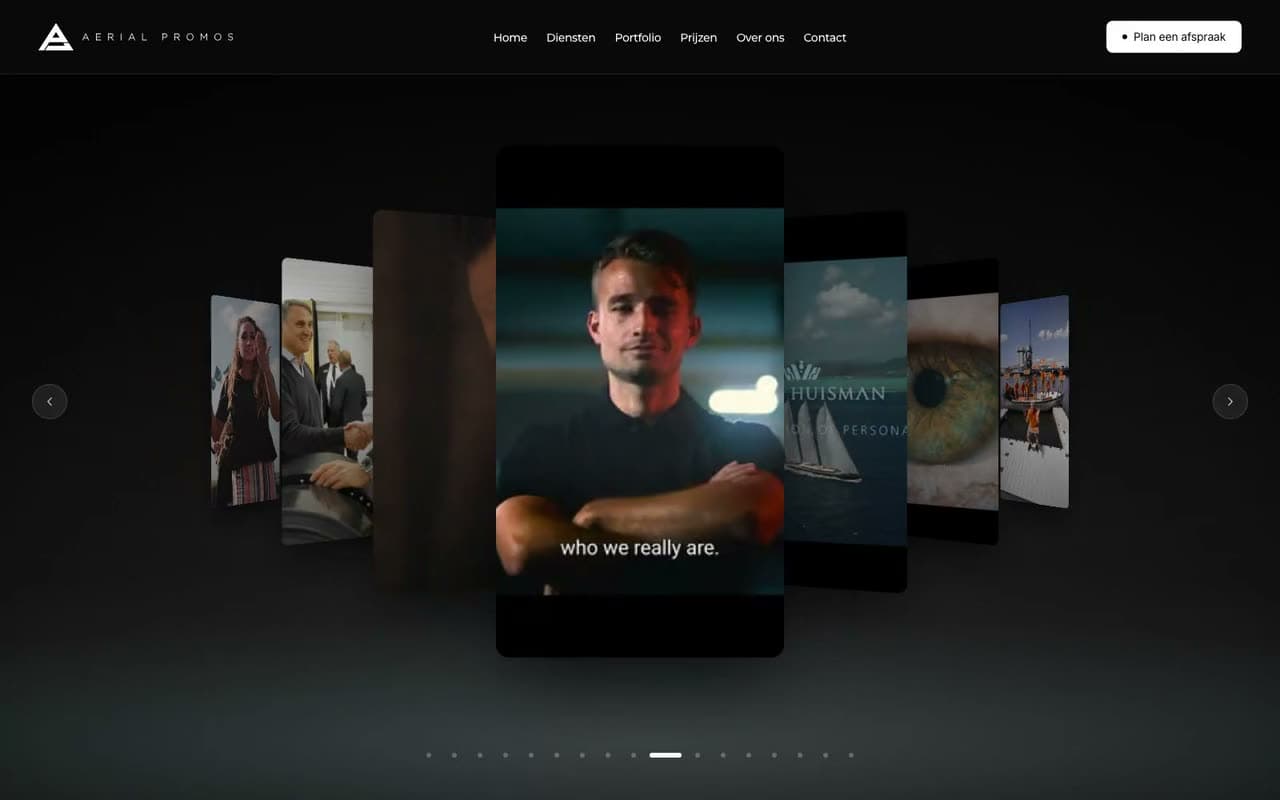 De website van Aerial Promos op een breed scherm