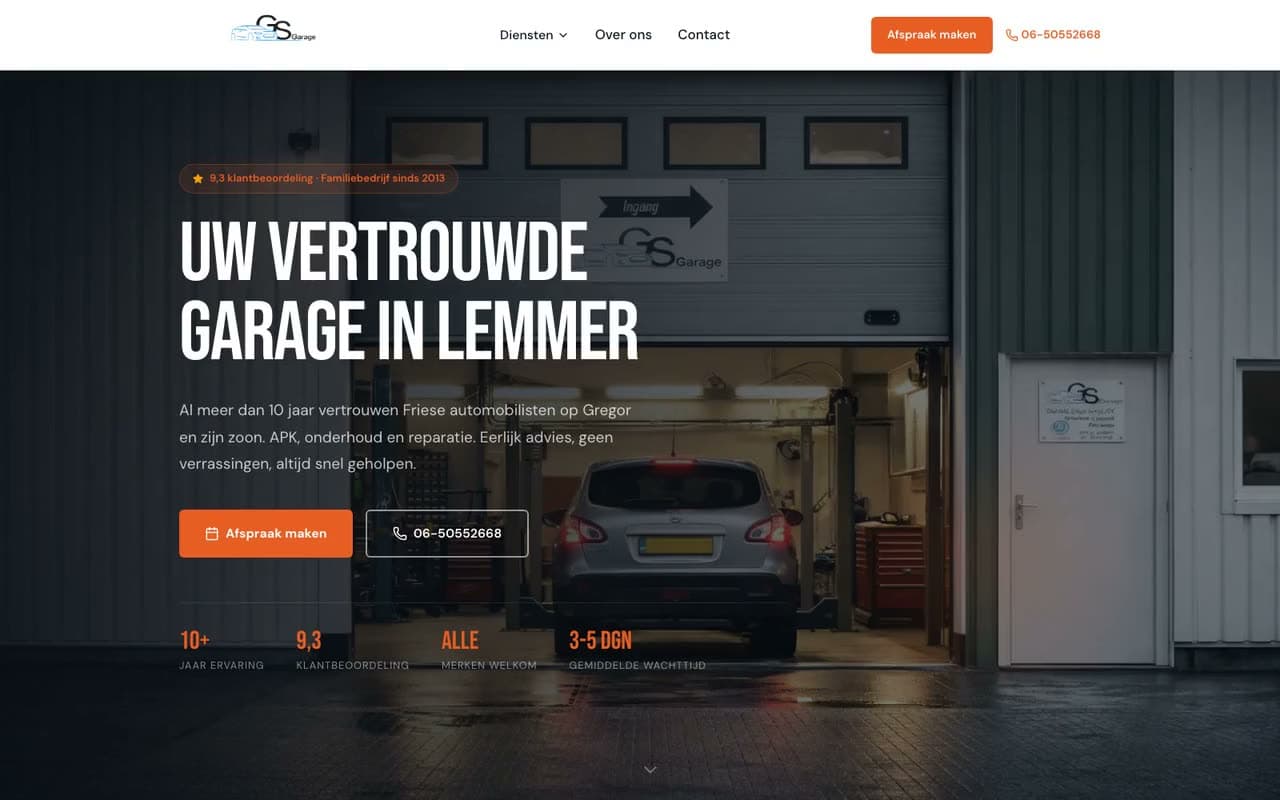 De website van GS Garage op een breed scherm